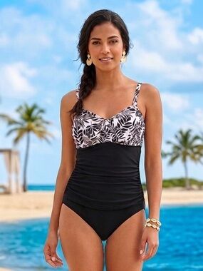 Aqua Eve Supportive Tummy Control Black and White Swimsuit SZ Large